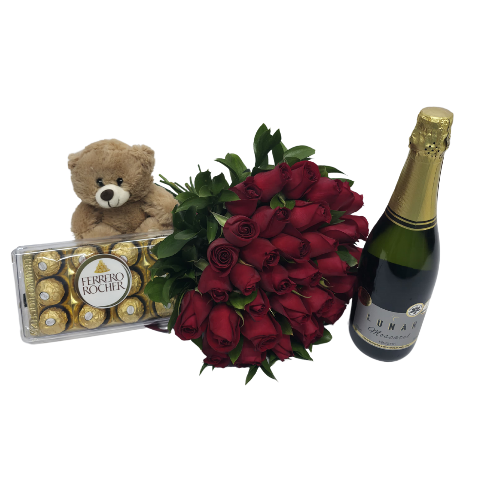 36 Rosas Vermelhas com Ferrero Rocher, Pelúcia e Espumante 36 Rosas Vermelhas com Ferrero Rocher, Pelúcia e Espumante