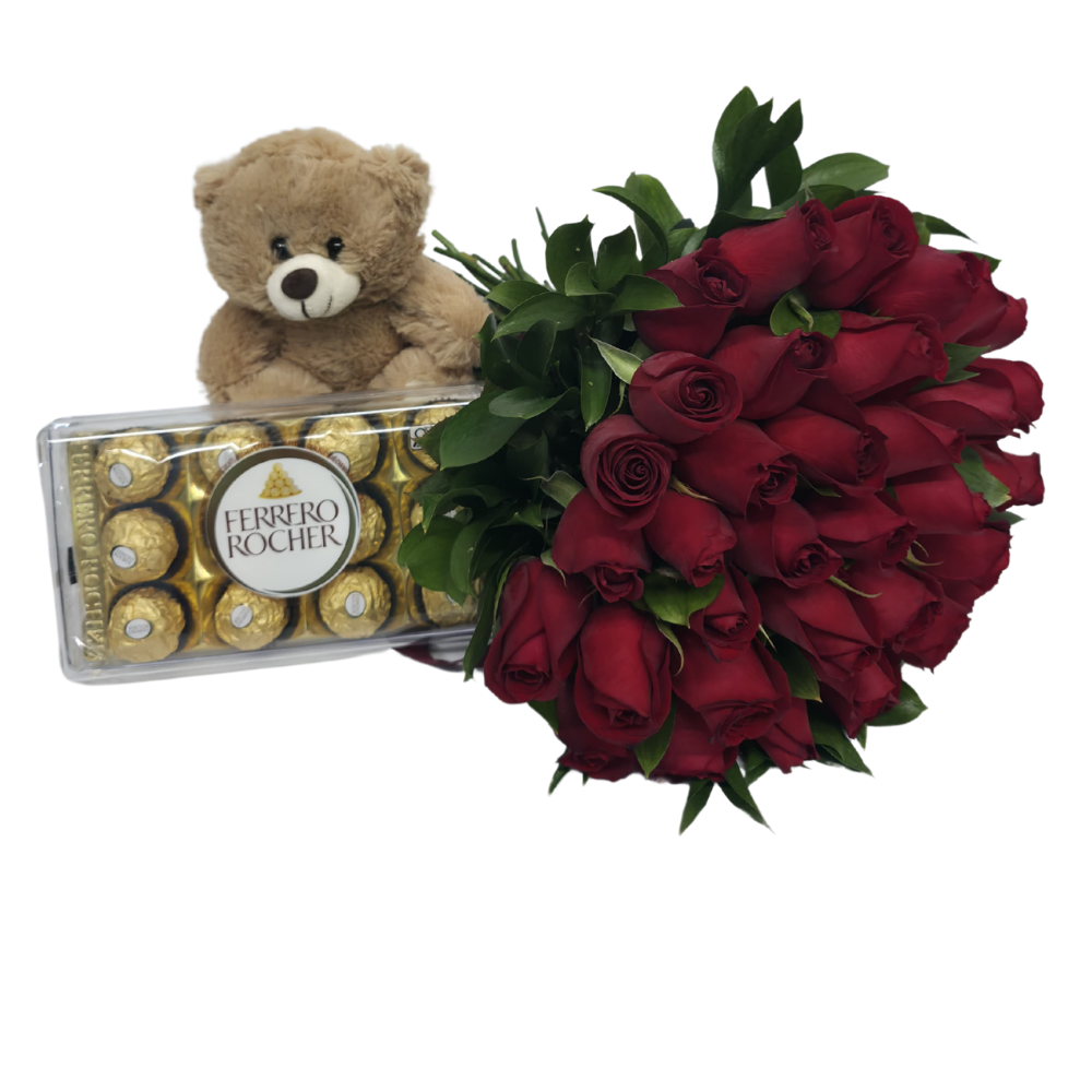 36 Rosas Vermelhas com Ferrero Rocher e Pelúcia 36 Rosas Vermelhas com Ferrero Rocher e Pelúcia