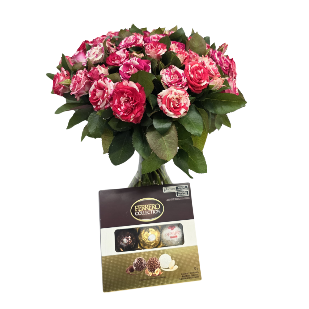 Arranjo com 24 Rosas Rosadas no Vaso de Vidro com Ferrero Collection
