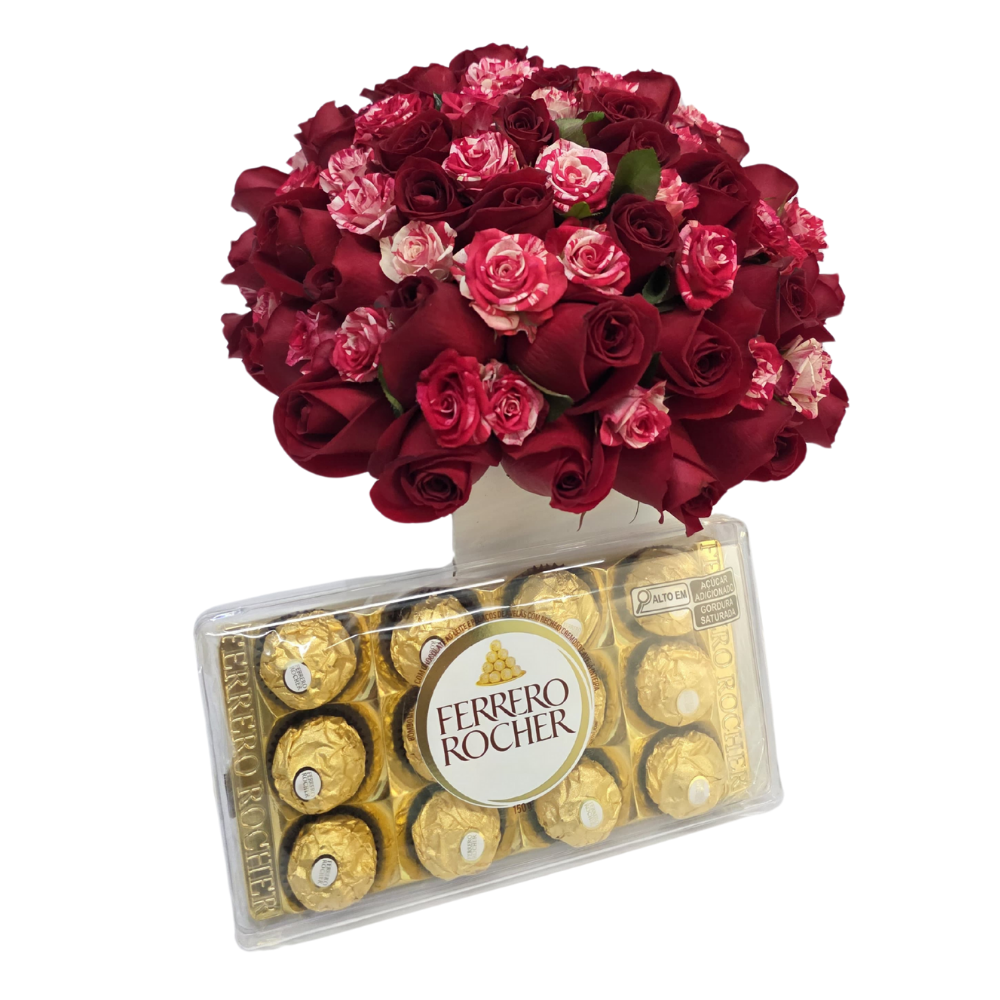 Arranjo com 36 Rosas Rosadas e Vermelhas no Cachepô com Ferrero Rocher