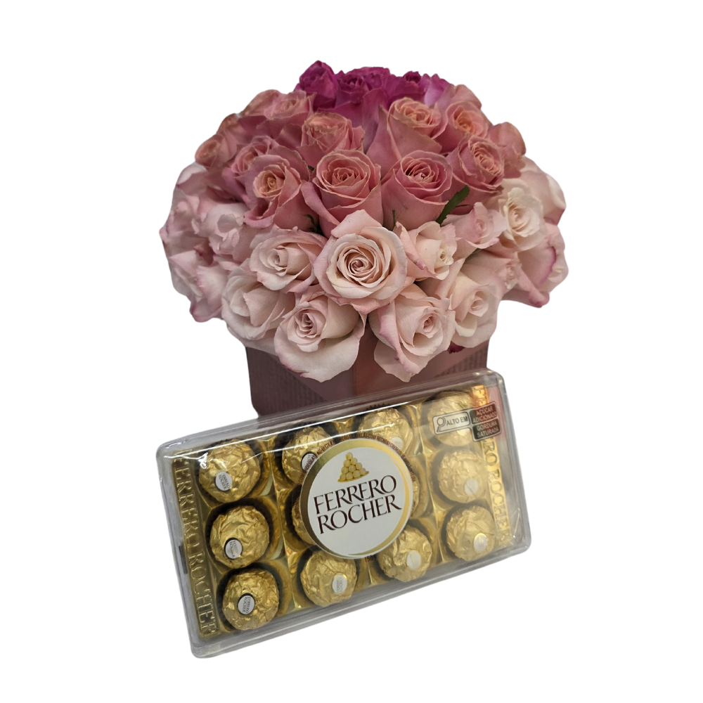 Arranjo com 45 Rosas Rosadas (Rosa Vânia, Pink e Lilás) no Cachepô com Ferrero Rocher