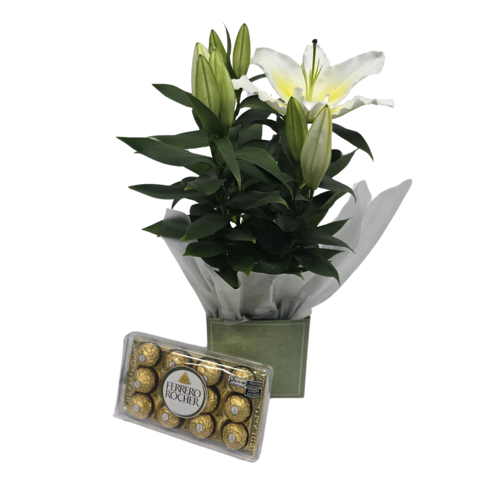 Arranjo com Lírios Brancos e Ferrero Rocher