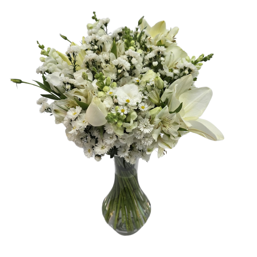 Arranjo de Flores Mistas Brancas no Vaso de Vidro