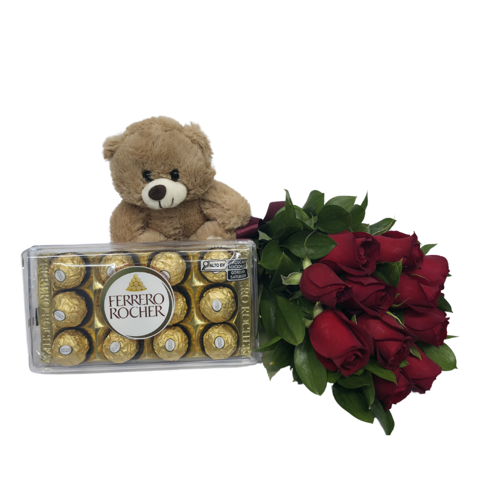 Buquê Clássico com 12 Rosas Vermelhas, Ferrero Rocher e Pelúcia
