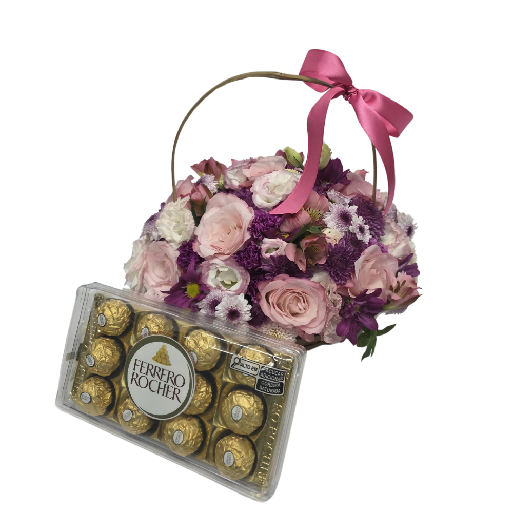 Cesta com Flores Rosadas, Lilases e Ferrero Rocher