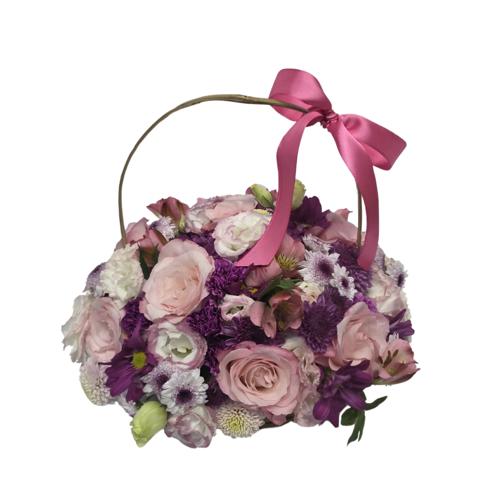 Cesta com Flores Rosadas e Lilases Cesta com Flores Rosadas e Lilases